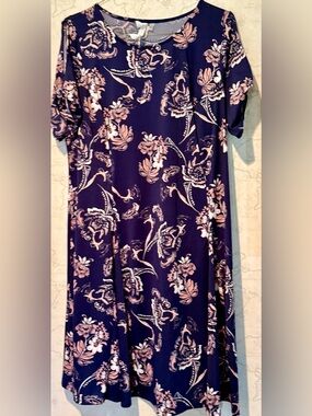 NY Collection Navy Floral Midi Dress with Blush Accents, Open Bow Short Sleeves